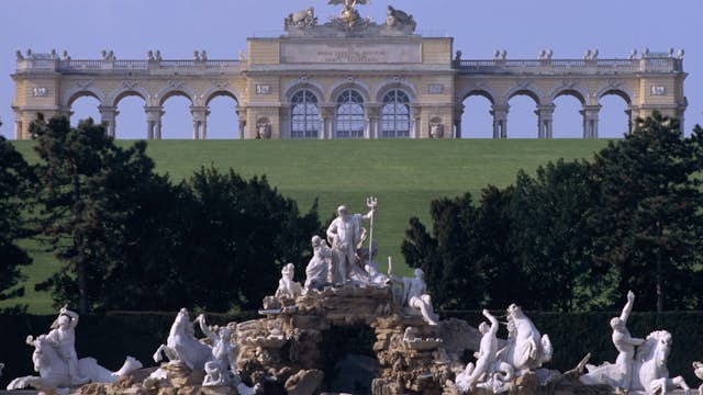 Cafe Gloriette in Gloriette Monument on top of hill overlooking Schloss Schonbrunn and Neptune fountain, Hietzing.