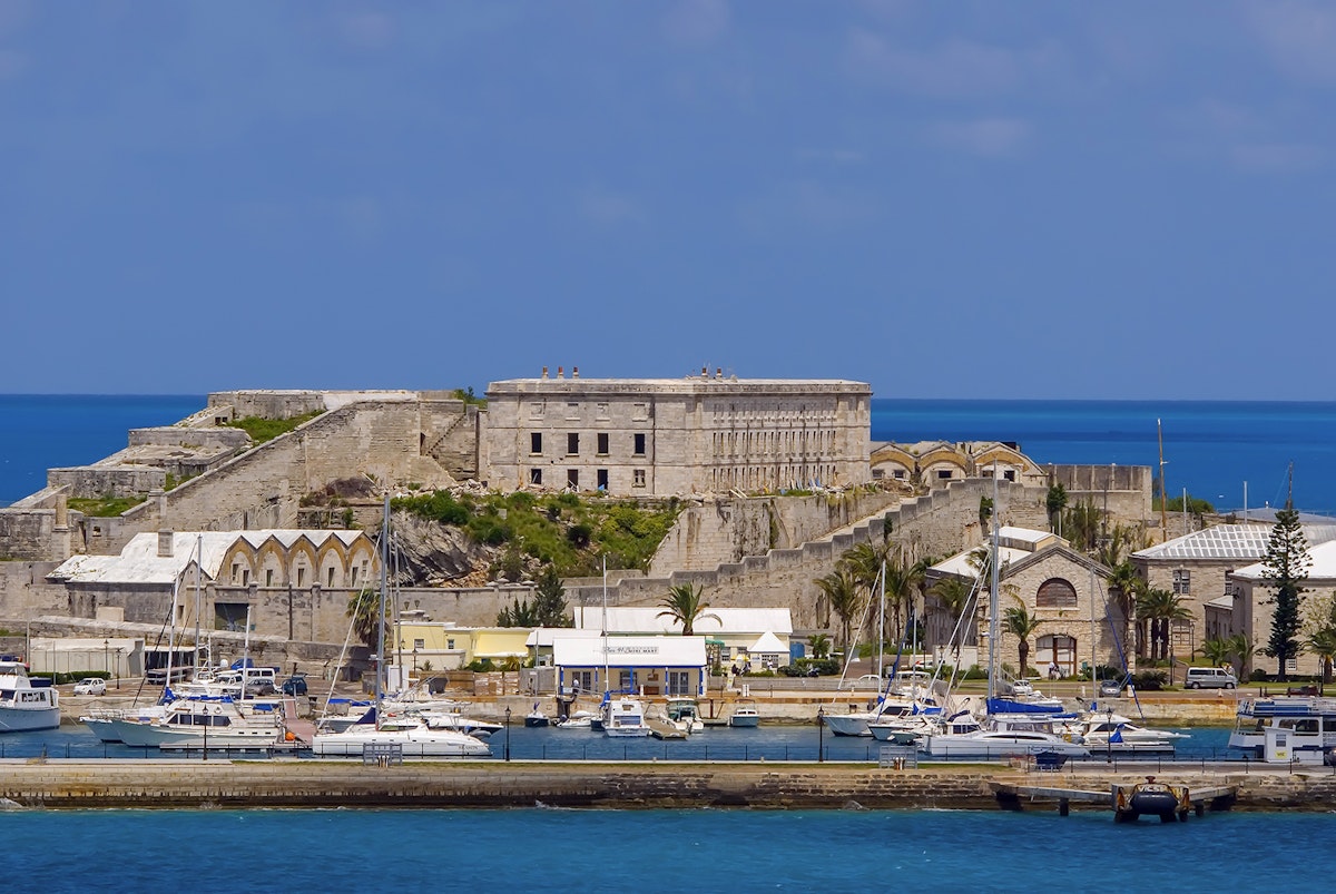 View from cruise ship of West End and marina at old Royal Naval Dockyard, Bermuda.