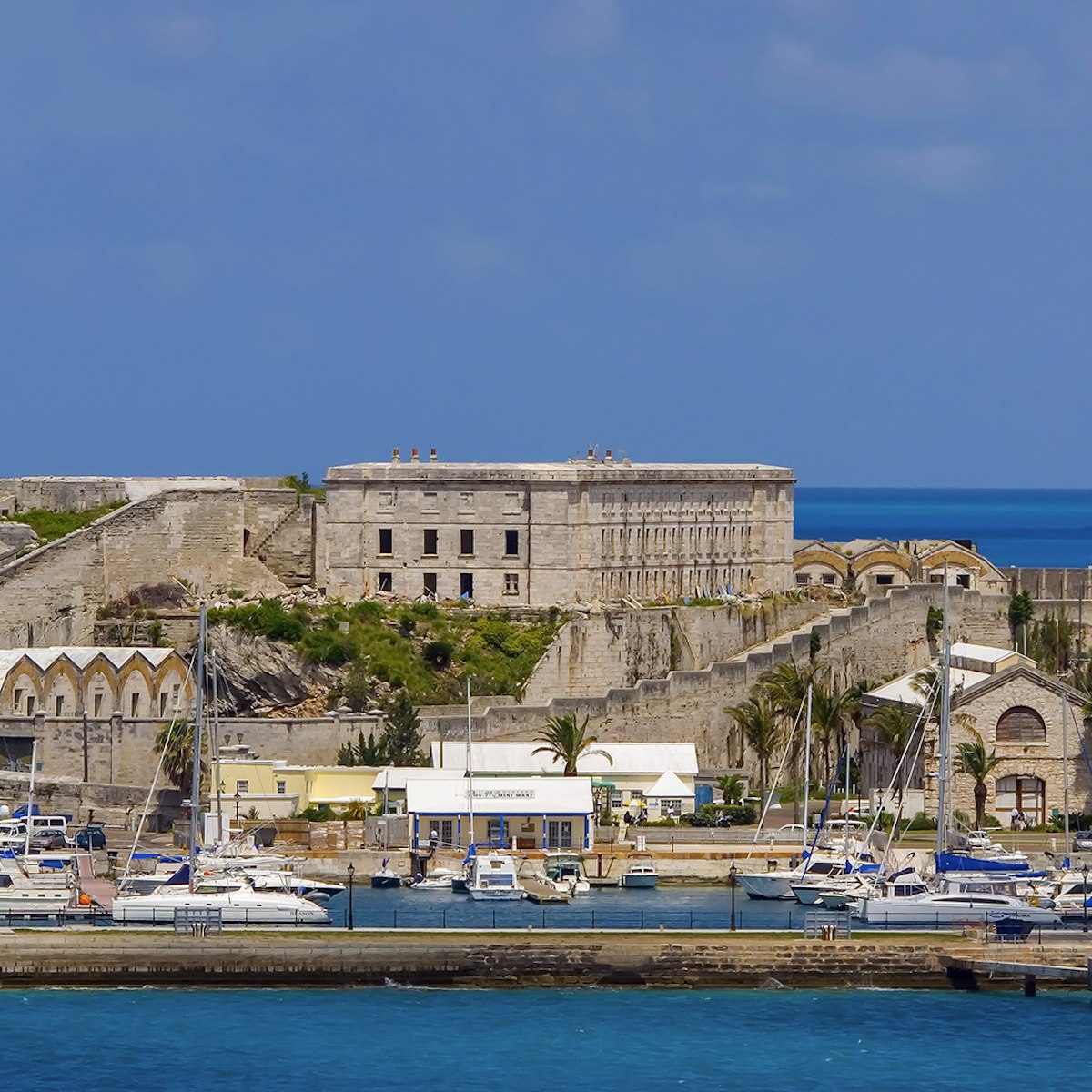 View from cruise ship of West End and marina at old Royal Naval Dockyard, Bermuda.