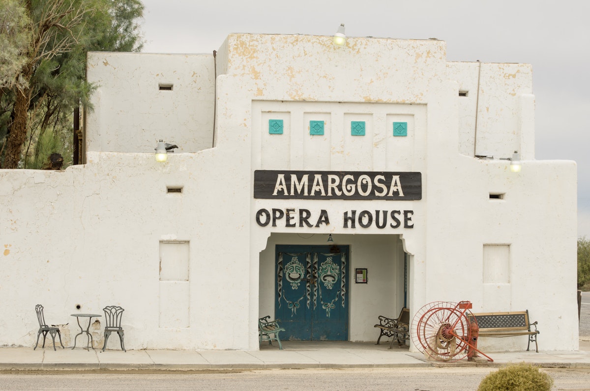 DEATH VALLEY JUNCTION, CA/USA - OCTOBER 25 2015: the facade of the Amargosa Opera House. The Amargosa Opera House and Hotel is a historic building and cultural center located in Death Valley.; Shutterstock ID 332234195; Your name (First / Last): Emma Sparks; GL account no.: 65050; Netsuite department name: Online Editorial; Full Product or Project name including edition: Best_in_the_US_POIs
