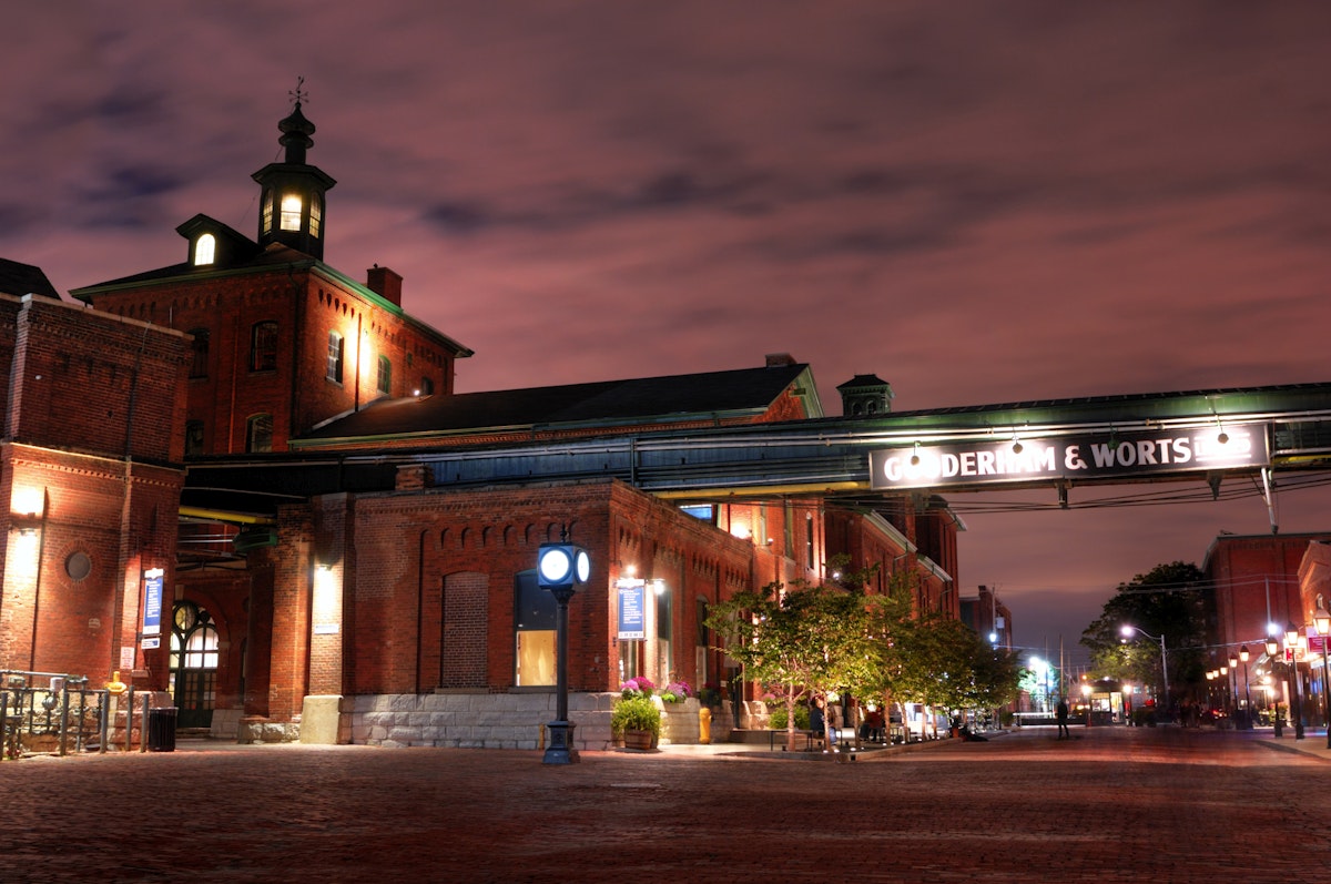 The Distillery shining at night. Historic district built in 1832 in Toronto Currently one of the major tourist attractions with many shops restaurants and art galleries Toronto Ontario Canada 2008