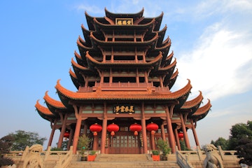 Upward view of Yellow Crane Tower in Wuhan