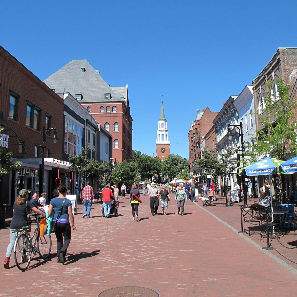People enjoy Church street in Burlington, Vermont. (Photo by: Education Images/UIG via Getty Images)