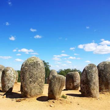 Panoramic of Almendres Cromlech, Evora, Portugal.