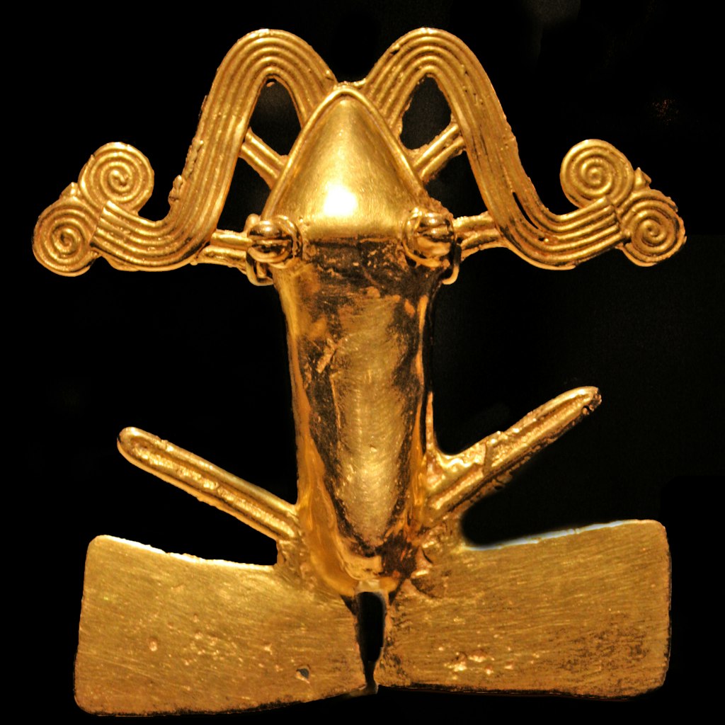Frog Pendant. Costa Rica, Chiriqul. 11th-16th century. Cast Gold. Frogs are frequently depicted in the gold work of Costa Rica and Panama,. (Photo by Universal History Archive/UIG/Getty Images)
