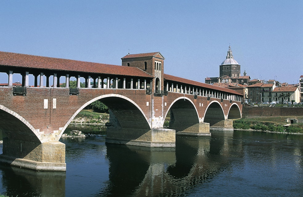 Covered bridge (Old bridge) over Ticino river, Pavia, Lombardy, Italy