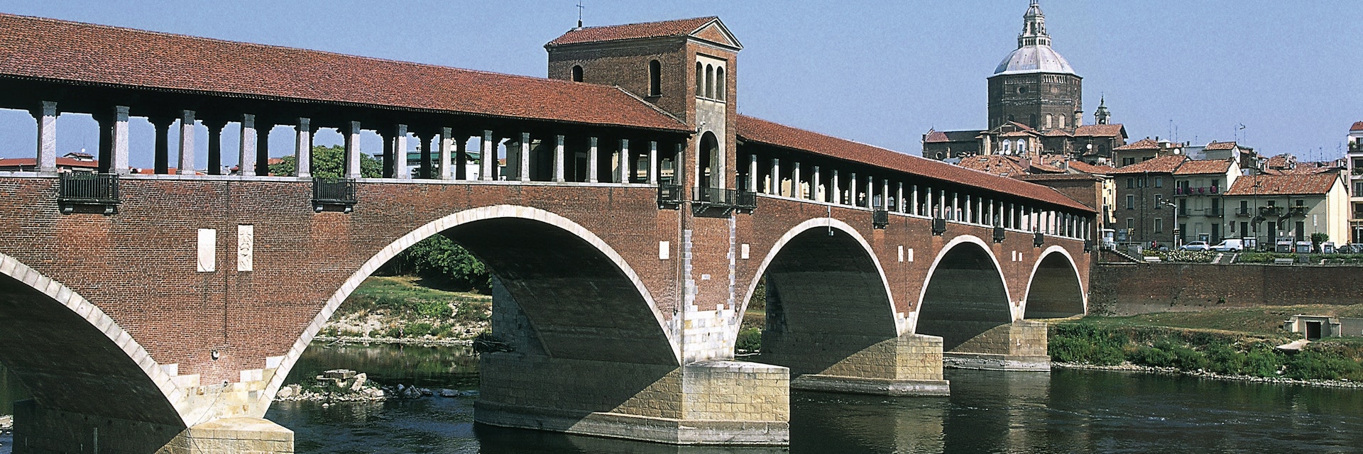 Covered bridge (Old bridge) over Ticino river, Pavia, Lombardy, Italy