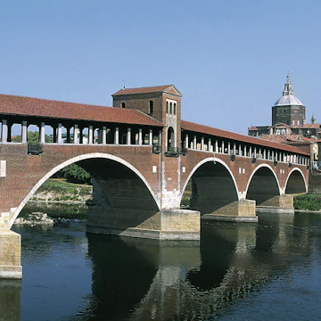 Covered bridge (Old bridge) over Ticino river, Pavia, Lombardy, Italy
