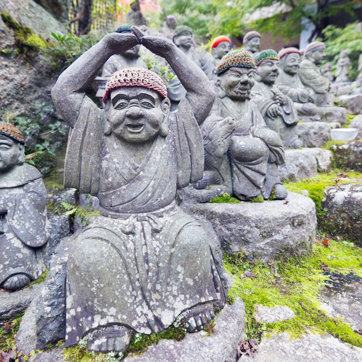 Asia, Japan, Honshu, Hiroshima prefecture, Miyajima Island, Statues in Daisho in temple