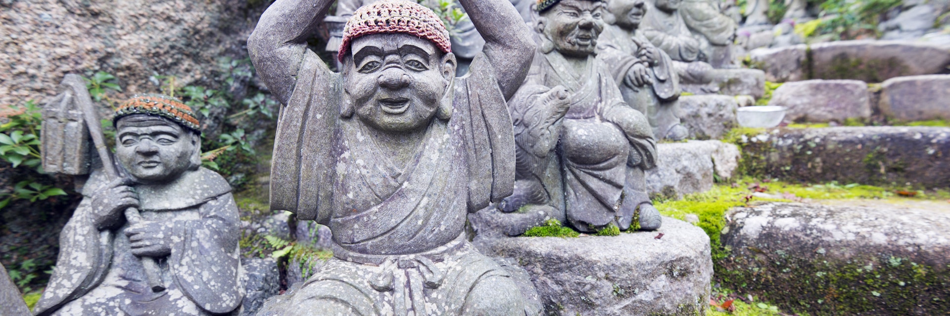 Asia, Japan, Honshu, Hiroshima prefecture, Miyajima Island, Statues in Daisho in temple