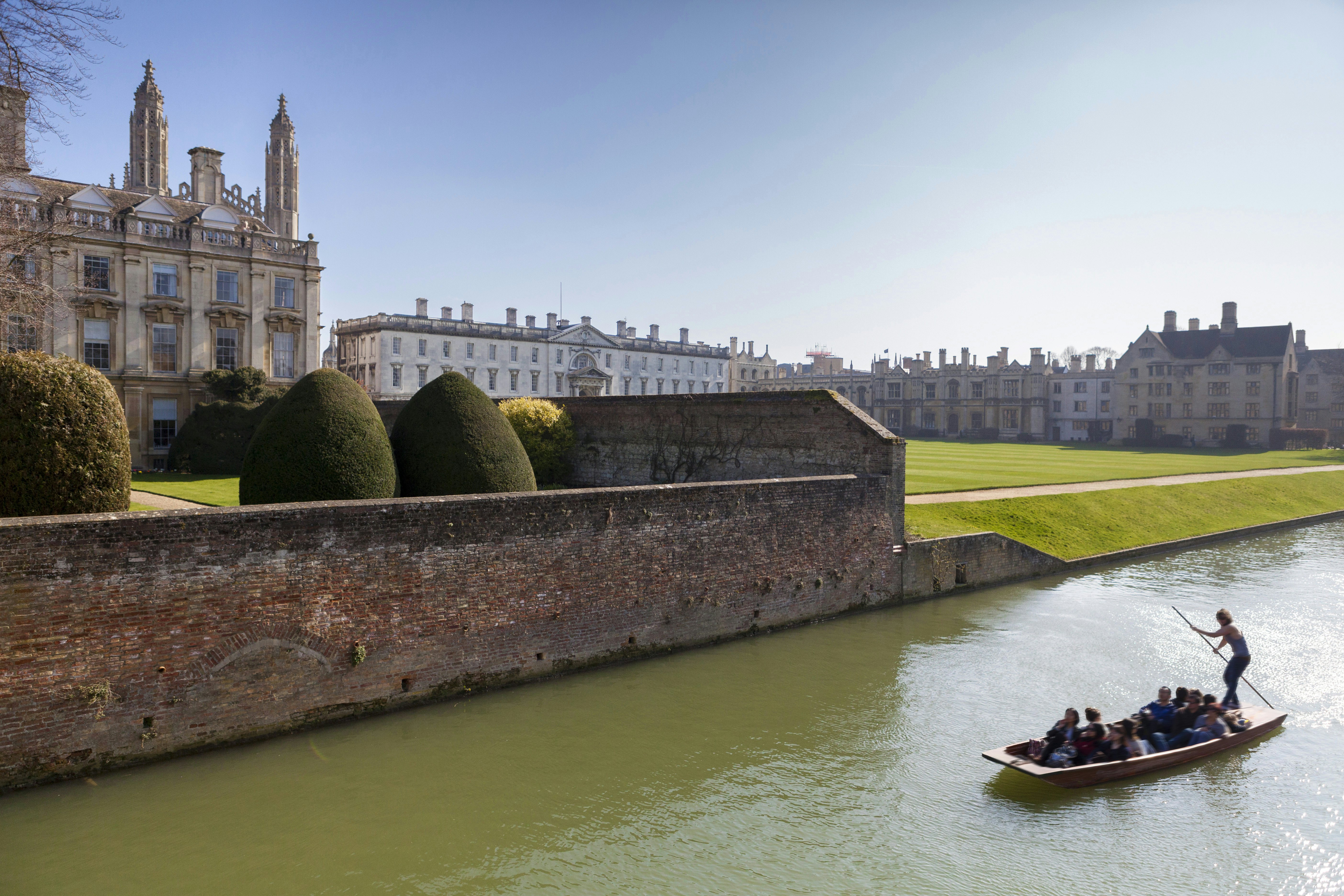 A view of Kings College from the Backs with punting in the foreground, Cambridge, Cambridgeshire, England, United Kingdom, Europe
