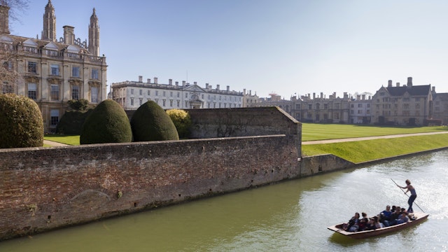 A view of Kings College from the Backs with punting in the foreground, Cambridge, Cambridgeshire, England, United Kingdom, Europe