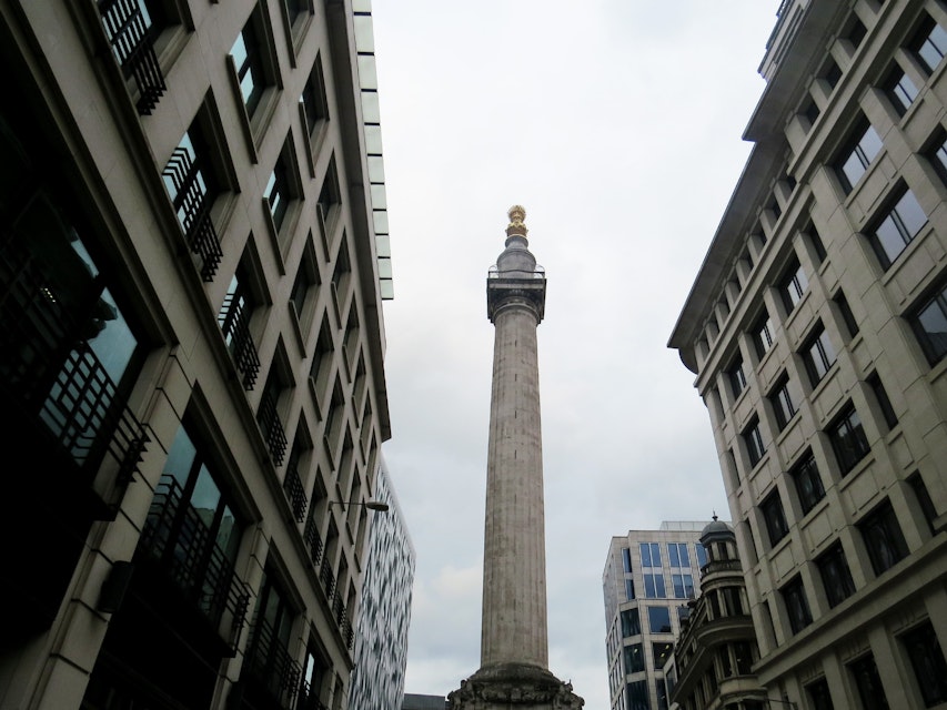 Looking up at Monument, a column marking the spot where the Great Fire of London started