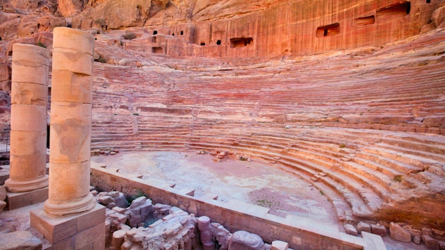 View of ancient amphitheater in Petra city, Jordan; Shutterstock ID 85798435; Your name (First / Last): Lauren Keith; GL account no.: 65050; Netsuite department name: Online Editorial; Full Product or Project name including edition: Jordan Online Update