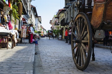 Close up of a horse cart riding through the Spanish colonial architecture, Vigan, UNESCO World Heritage Site, Northern Luzon, Philippines, Southeast Asia, Asia