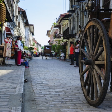 Close up of a horse cart riding through the Spanish colonial architecture, Vigan, UNESCO World Heritage Site, Northern Luzon, Philippines, Southeast Asia, Asia
