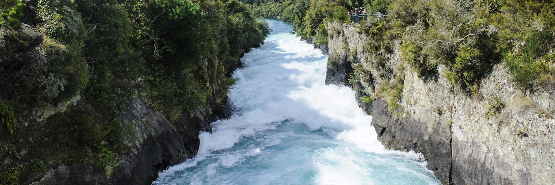 Narrow chasm leading in the Huka falls on the Waikato River, Taupo, North Island, New Zealand, Pacific