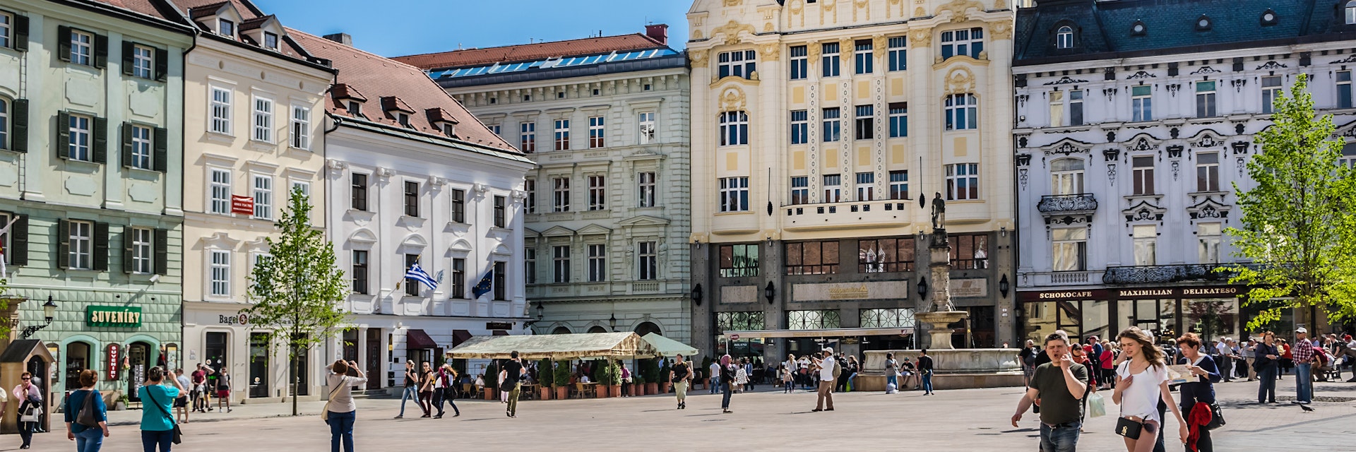 BRATISLAVA, SLOVAKIA - MAY 7, 2016: Main Square of Bratislava (Hlavne namestie) is one of the best known squares in Bratislava. The square is located in the Old Town and it is the center of city.; Shutterstock ID 425043109; Your name (First / Last): Gemma Graham; GL account no.: 65050; Netsuite department name: Online Editorial; Full Product or Project name including edition: Cities Guides app image downloads - Bratislava
