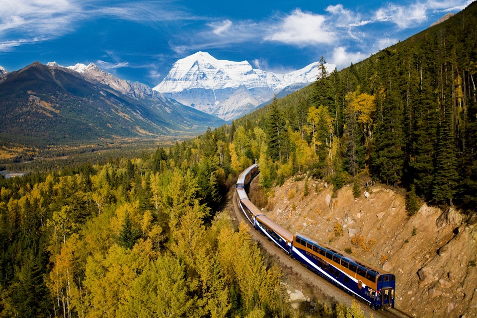 Rocky Mountaineer passing through Banff National Park.