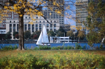 Sailing off the Esplanade on the Charles River.