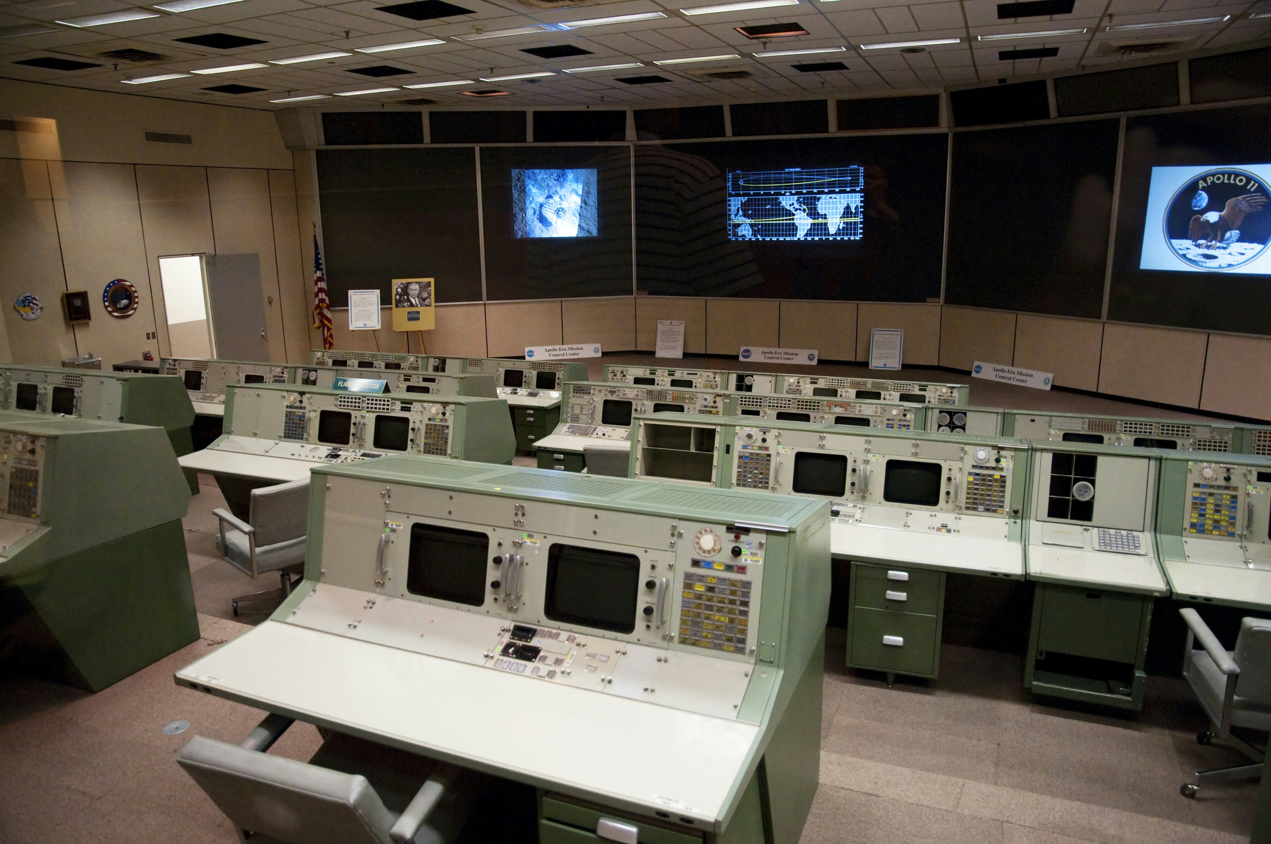 Apollo Era Mission Control Center, NASA Space Center Houston, Johnson Space Center.