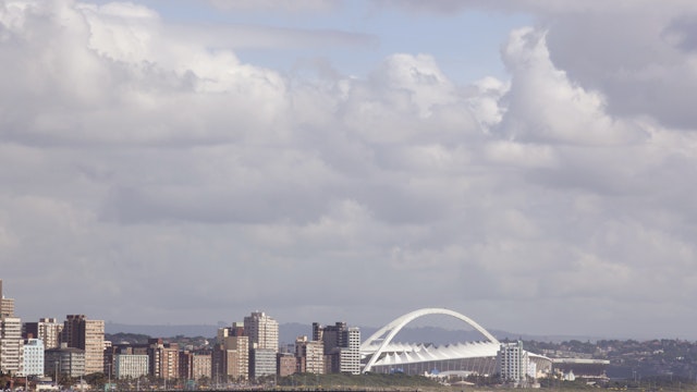 Durban skyline including Moses Mabhida stadium, Durban, KwaZulu-Natal Province, South Africa