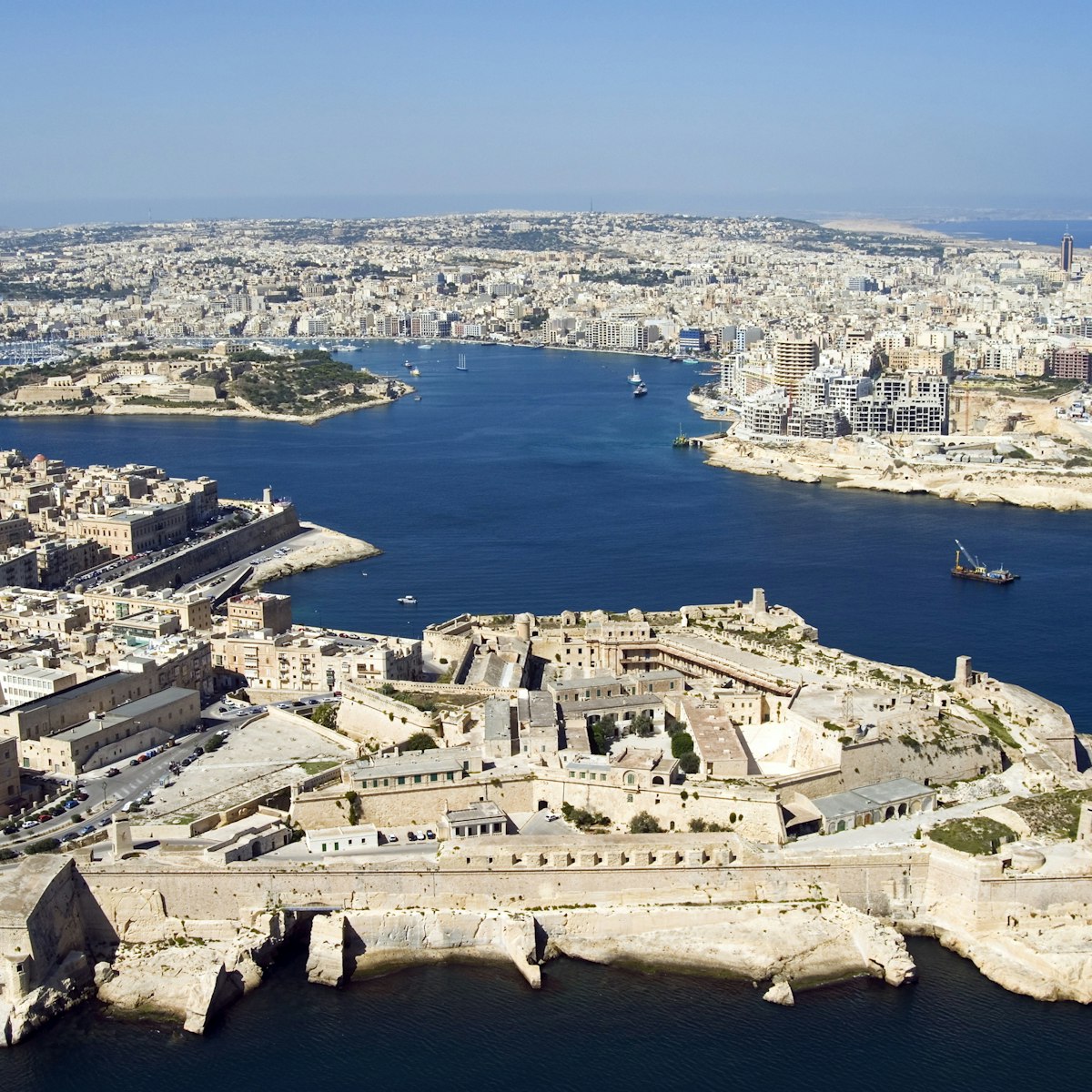Aerial view of Valletta and St. Elmo Fort, Manoel Island, and Dragutt Point on the right, Malta, Mediterranean, Europe