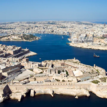 Aerial view of Valletta and St. Elmo Fort, Manoel Island, and Dragutt Point on the right, Malta, Mediterranean, Europe