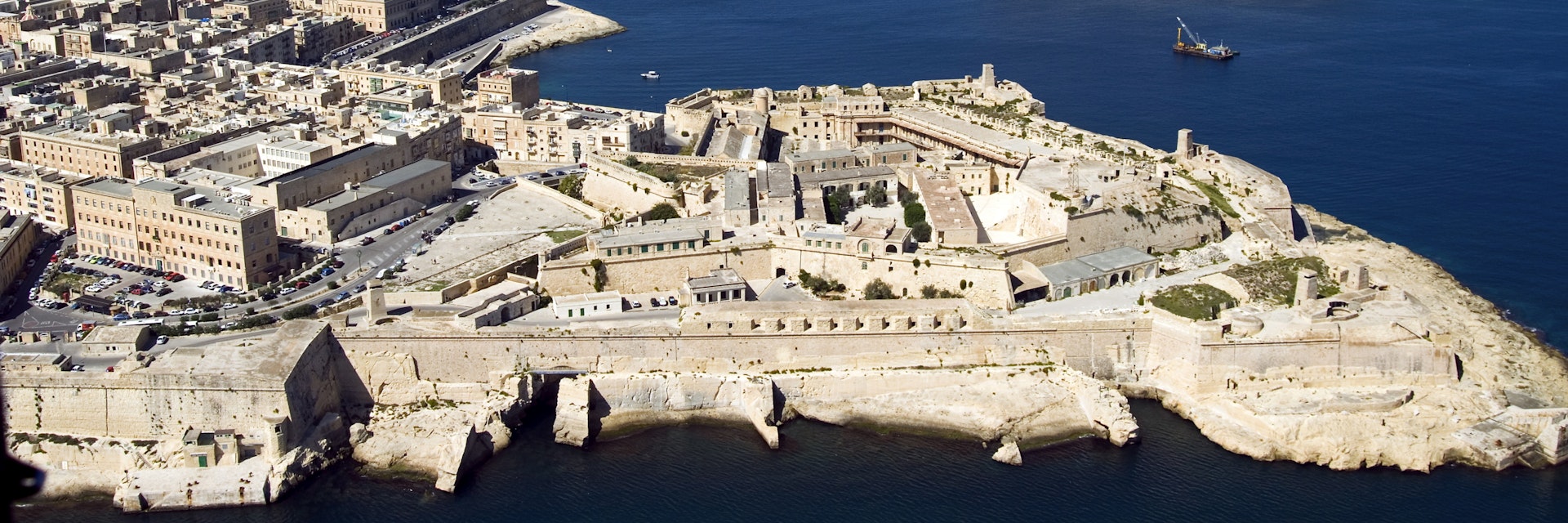 Aerial view of Valletta and St. Elmo Fort, Manoel Island, and Dragutt Point on the right, Malta, Mediterranean, Europe