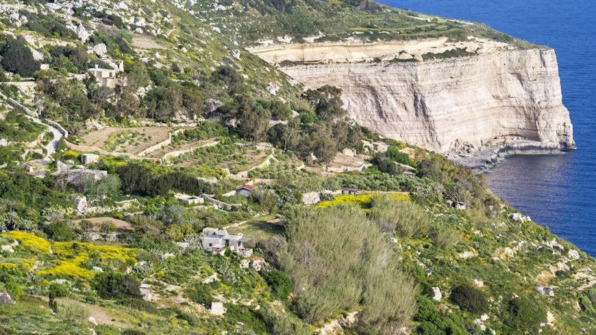 A view of the 200m-high Dingli Cliffs above the Mediterranean Sea, Malta, Europe