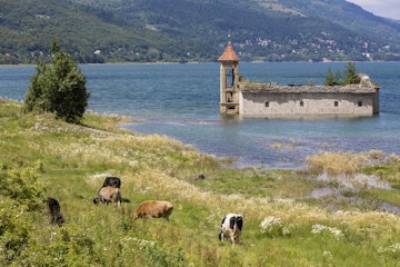Republic of Macedonia, Mavrovo National Park, the old church sunked by the Mavrovo lake