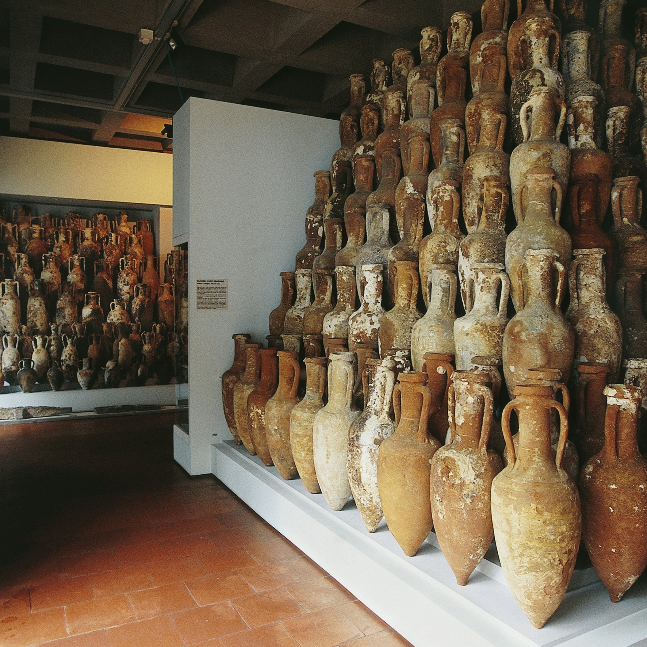 ITALY - APRIL 08: Amphorae in the Archaeological Museum of Lipari, island of Lipari, Sicily, Italy. (Photo by DeAgostini/Getty Images)