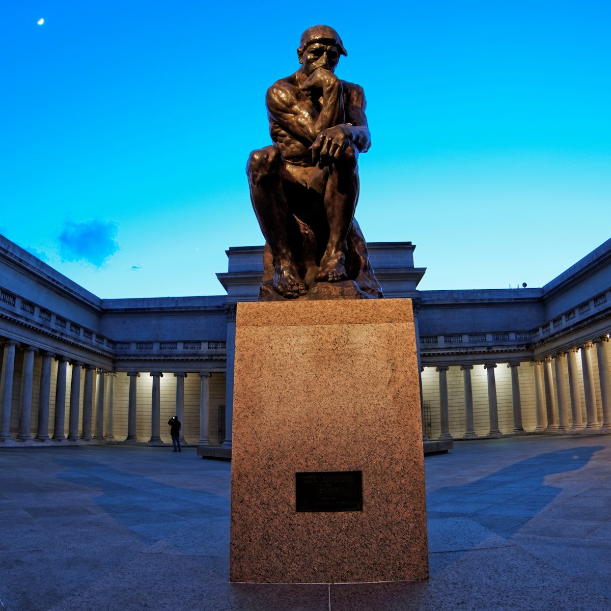 Statue of the Thinker installed at the front of the courtyard at the Palace of the Legion of Honor in San Francisco