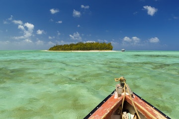 Mauritius, Rodrigues Island, Pointe Mangue, horizontal view of a deserted island in the middle of a lagoon turquoise waters from a boat