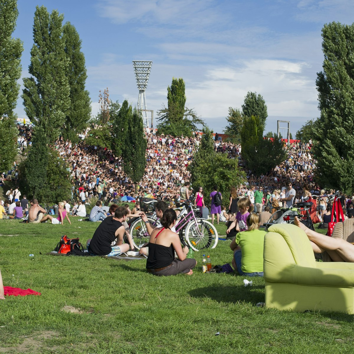 Crowd of people on a Sunday in Mauerpark (Wall Park).