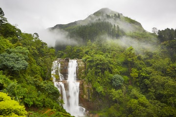 Waterfall in deep forest near Nuwara Eliya in Sri Lanka.