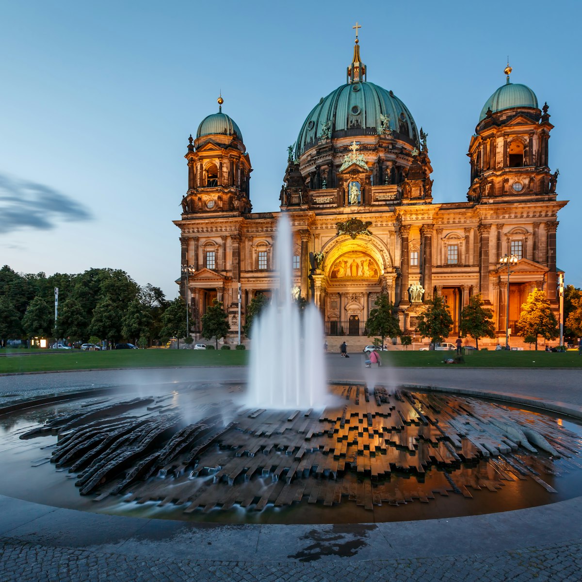 Berlin Cathedral (Berliner Dom) and Fountain Illuminated in the Evening, Germany