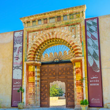 Sousse, Tunisia - September 1, 2015: The painted medieval gates to the old fortress serving as archaeological museum.