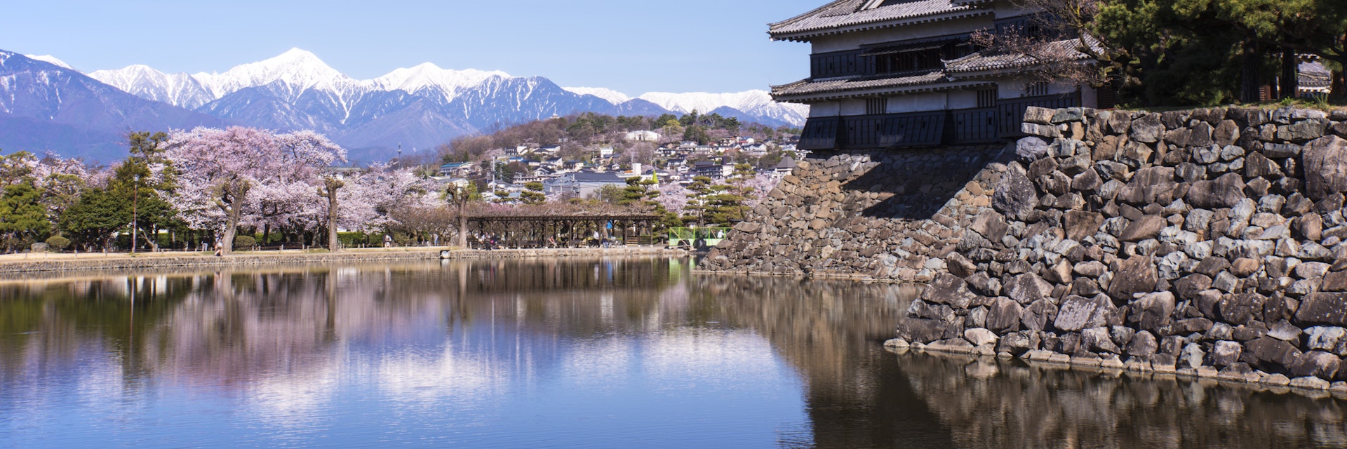 Japan, Koshinetsu Region, Nagano Prefecture, Matsumoto, View of Matsumoto Castle, Japanese Alps and cherry tree (Photo by: JTB Photo/UIG via Getty Images)