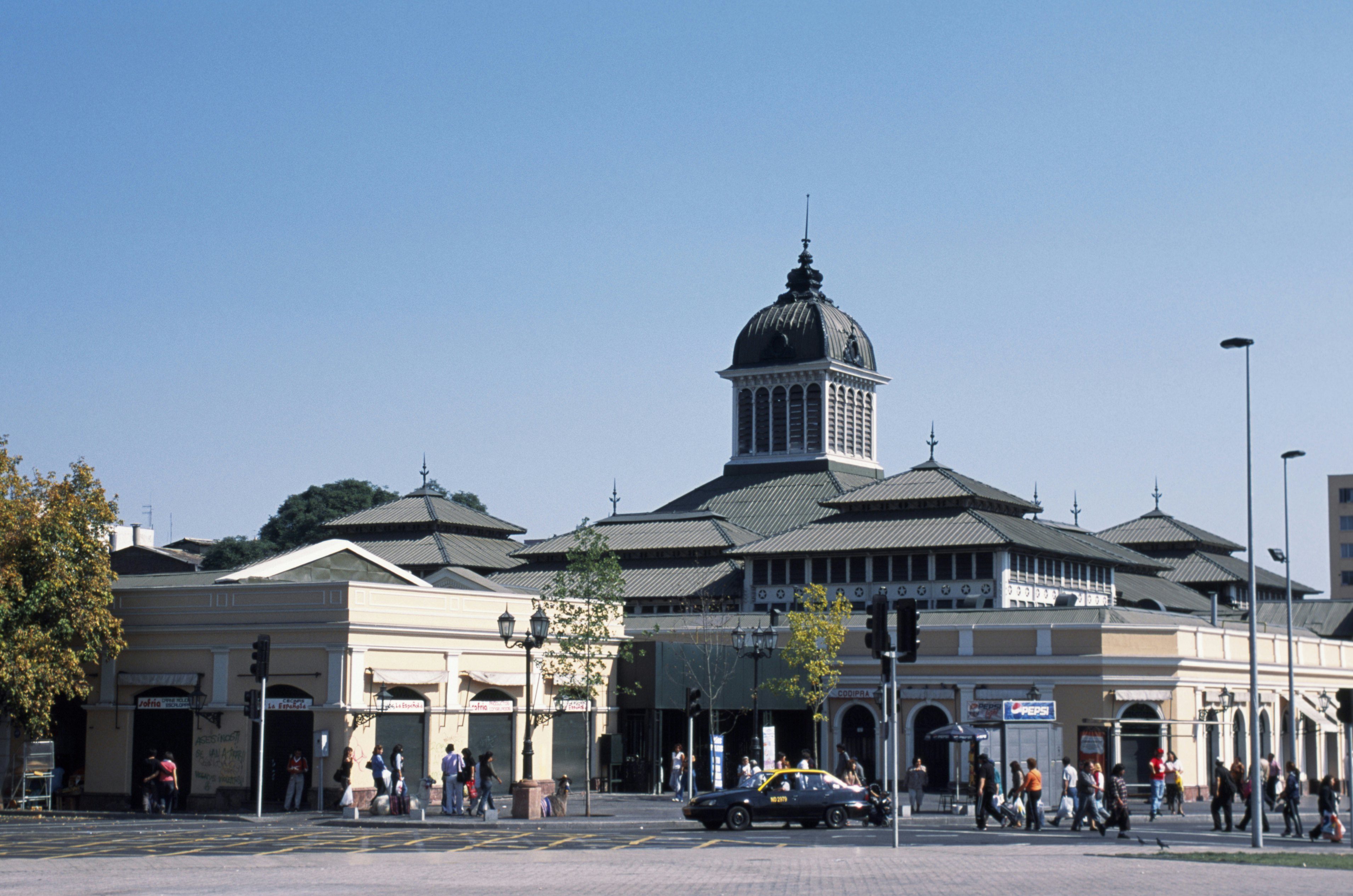Chile, Santiago. The Mercado Central houses a picturesque fruit, vegetable and fish market together with a large number of small sea-food restaurants. The metal structure was prefabricated in England and erected in Santiago in 1868AD.