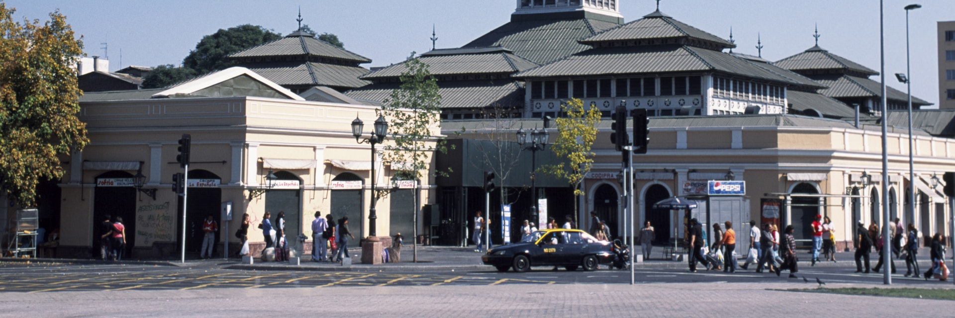 Chile, Santiago. The Mercado Central houses a picturesque fruit, vegetable and fish market together with a large number of small sea-food restaurants. The metal structure was prefabricated in England and erected in Santiago in 1868AD.