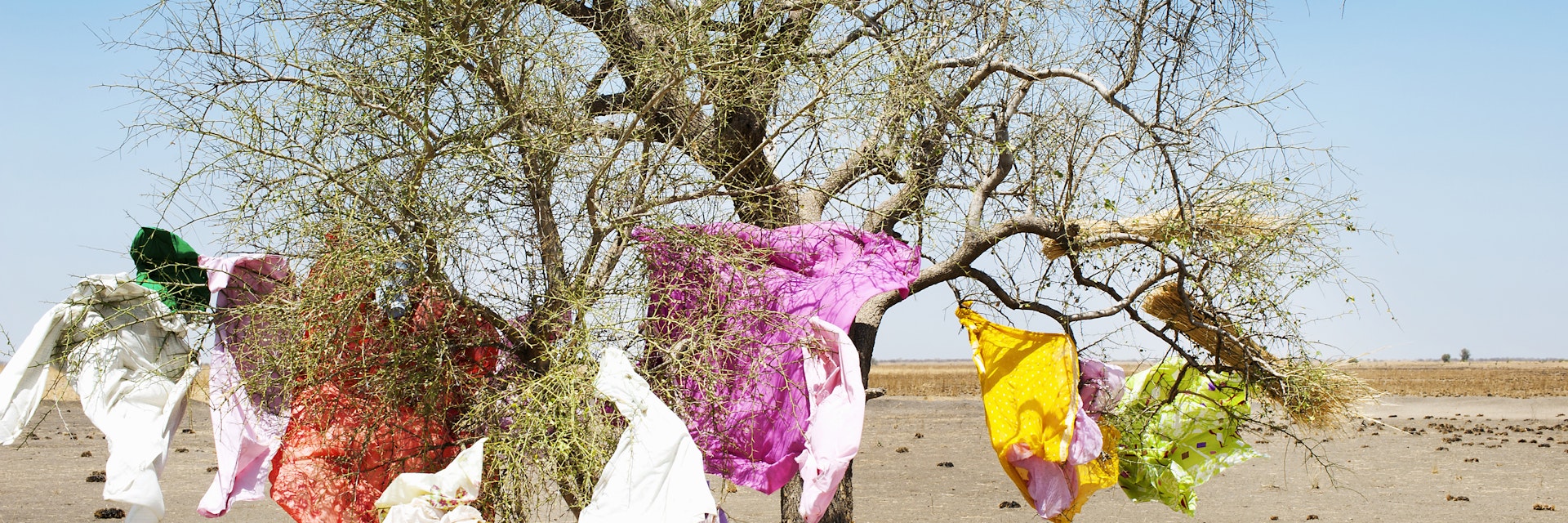 Colorful clothes hang on a tree. South Sudan.