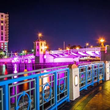 The Riverwalk and bridge over the Hillsborough River at night in Tampa, Florida.; Shutterstock ID 231991663; Your name (First / Last): Lauren Keith; GL account no.: 65050; Netsuite department name: Content Asset; Full Product or Project name including edition: Guides Project Eastern USA
