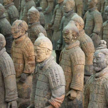 Subterranean life-size terracotta soldiers in battle formation - part of 2000 year old Army of Terracotta Warriors (Bingmayong).