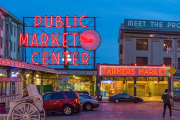 Public Market Center sign in Seattle, Washington, USA.