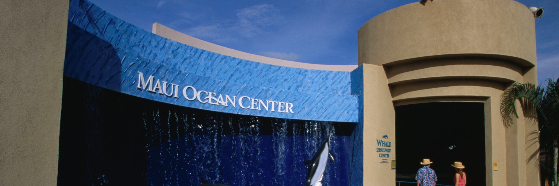 Visitors entering Whale Discovery Center at Maui Ocean Center with sculpture of three dolphins in foreground.