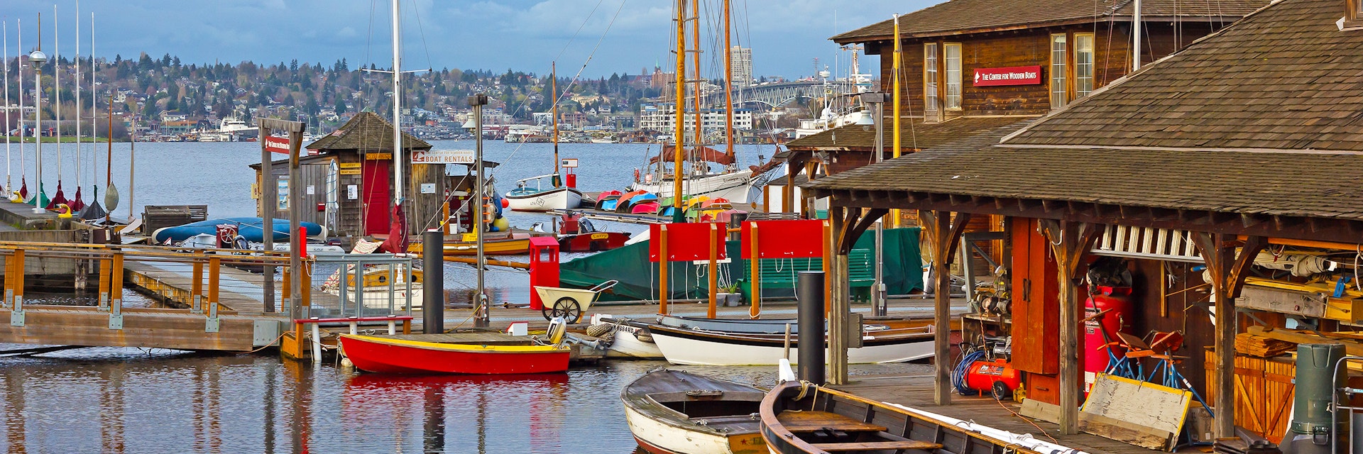 SEATTLE, USA - MARCH 22, 2016: Center for Wooden Boats on Lake Union on March 22, 2016 in Seattle, WA, USA. Various boats are available for rent to paddle on the Lake Union.; Shutterstock ID 430690528; Your name (First / Last): Alexander Howard; GL account no.: 65050; Netsuite department name: Online Editorial; Full Product or Project name including edition: Western USA neighborhood POI highlights