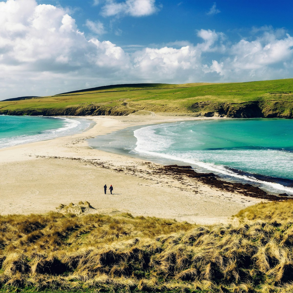 Sandbar, known as a tombolo, connecting St Ninian's Isle with the mainland of the Shetland Islands off the north of Scotland.