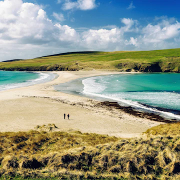 Sandbar, known as a tombolo, connecting St Ninian's Isle with the mainland of the Shetland Islands off the north of Scotland.