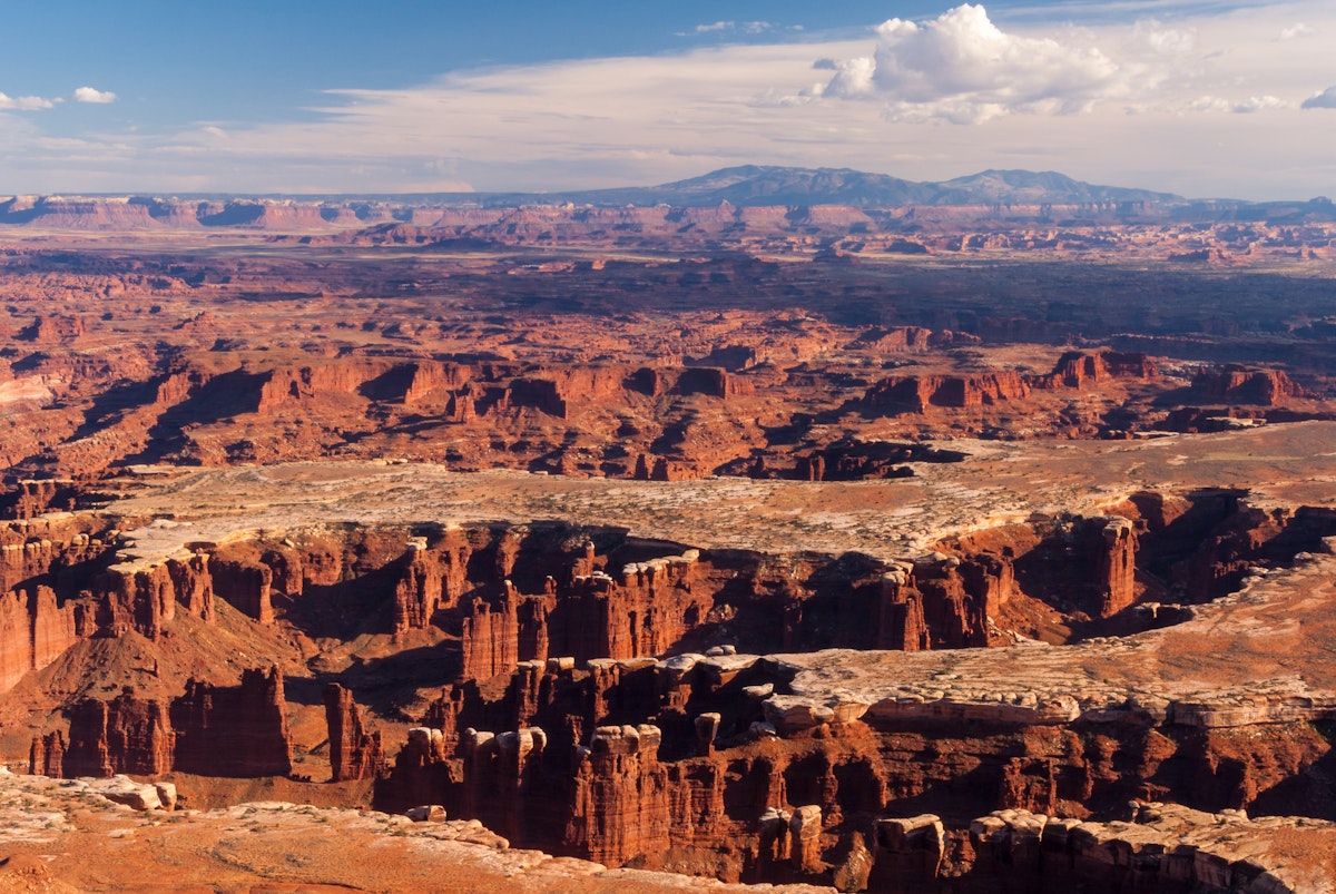 Dramatic view of sandstone cliffs, mesas, and canyons from the Island in the Sky district of Canyonlands National Park in Utah.